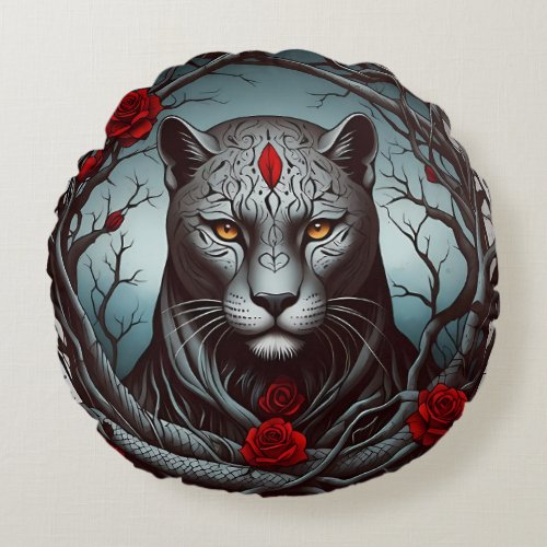 A striking illustration of a panther round pillow