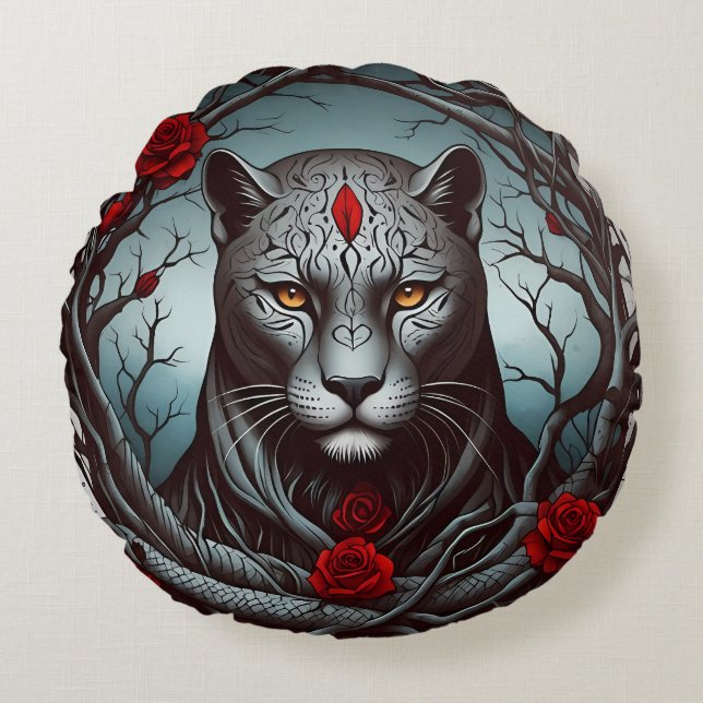A striking illustration of a panther round pillow (Front)