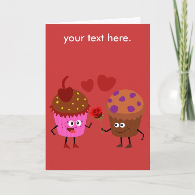 a Stud Muffin giving a flower to a Cupcake Holiday Card (Front)
