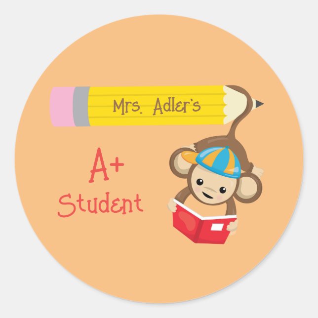 A+ Student Customizable Monkey Reading Book Classic Round Sticker (Front)