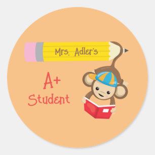A+ Student Customizable Monkey Reading Book Classic Round Sticker