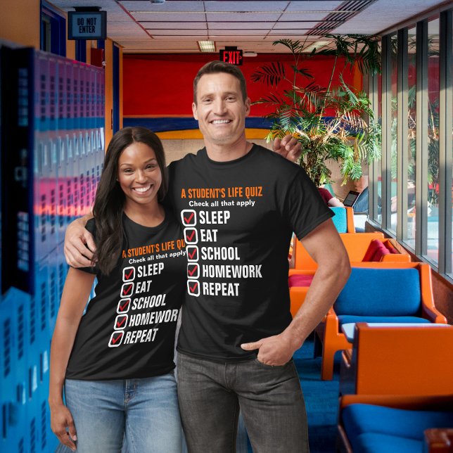 A Student's Life Quiz Customizable Text T-Shirt (A student's life quiz customizable t-shirt front view.  Customize the text to anything you want.)