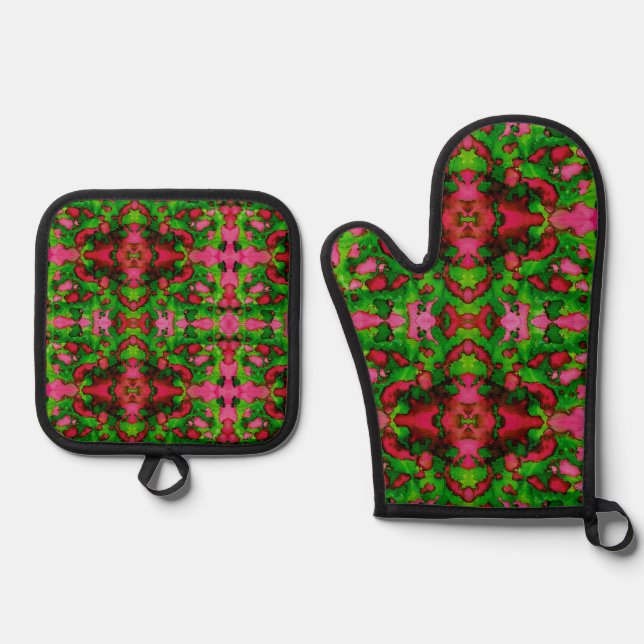 A Study in Pink & Green Oven Mitt & Pot Holder Set (Front)