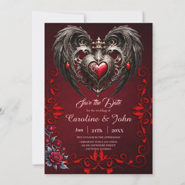 A stunning gothic heart with elegant, dark wings,  save the date (Front)