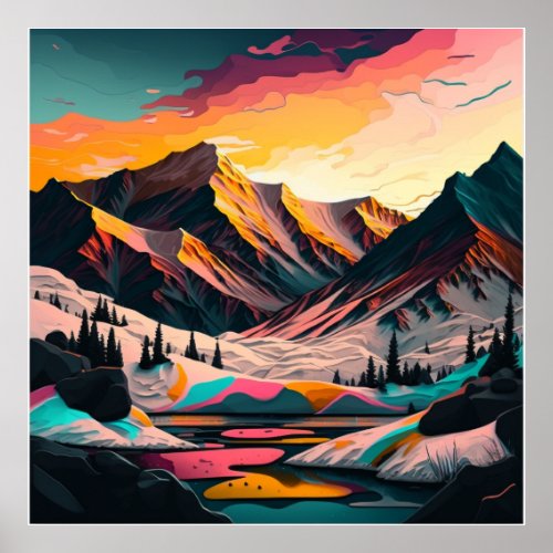  A stunning sunset over colorful snowy mountains Poster