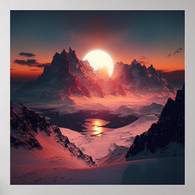 A stunning sunset over colorful snowy mountains. poster (Front)