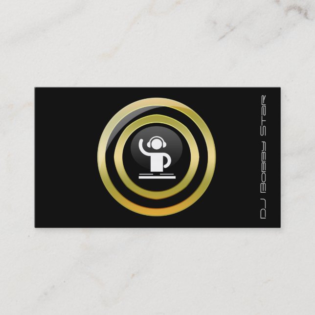 A stylish golden button DJ icon business card (Front)