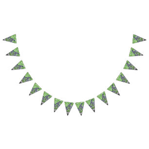 A stylish green and purple patterned image with a  bunting flags