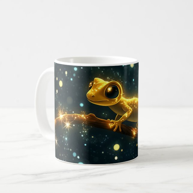 A stylized and luminous gecko, creatively designed coffee mug (Front Left)