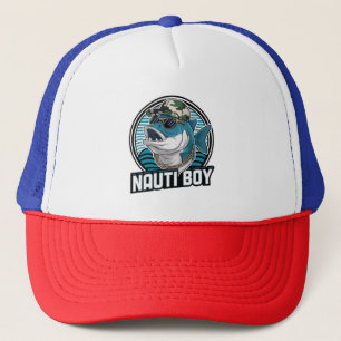 A stylized fish character wearing a camouflage cap