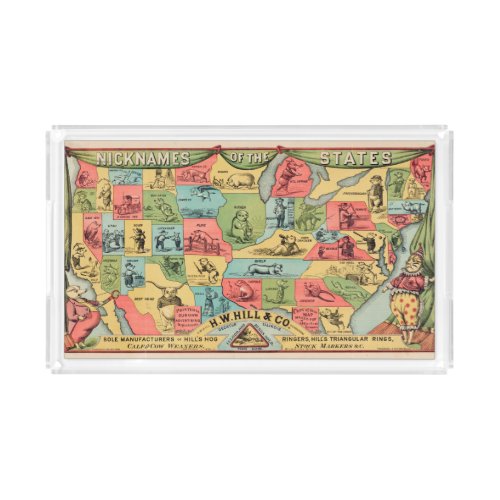 A Stylized Map Of The United States With Nicknames Acrylic Tray