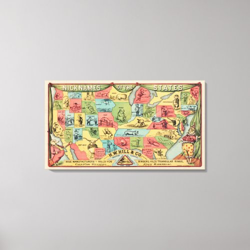 A Stylized Map Of The United States With Nicknames Canvas Print