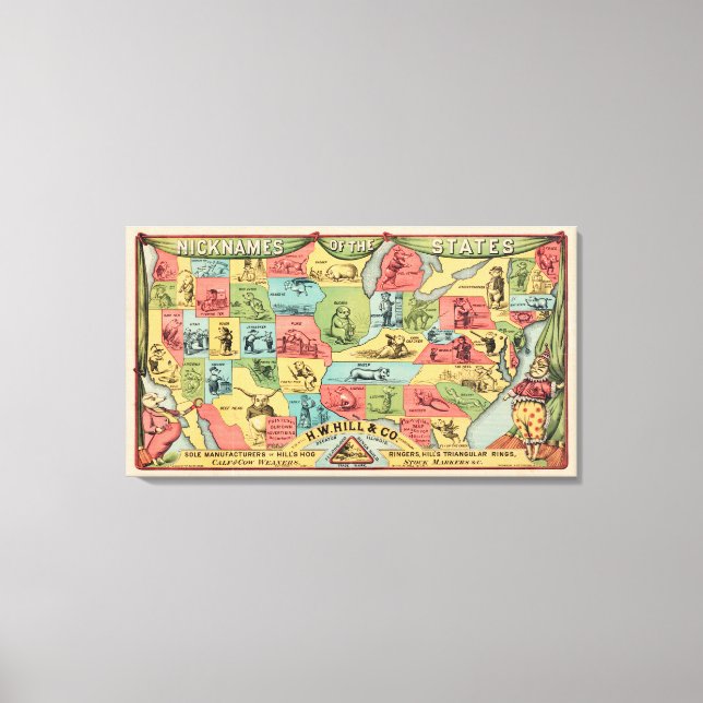 A Stylized Map Of The United States With Nicknames Canvas Print (Front)