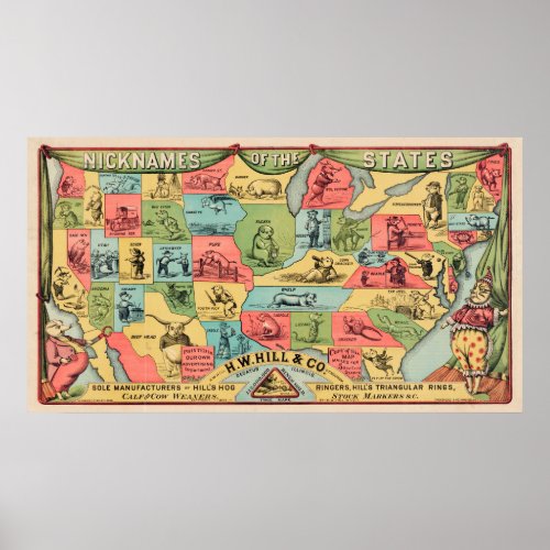 A Stylized Map Of The United States With Nicknames Poster