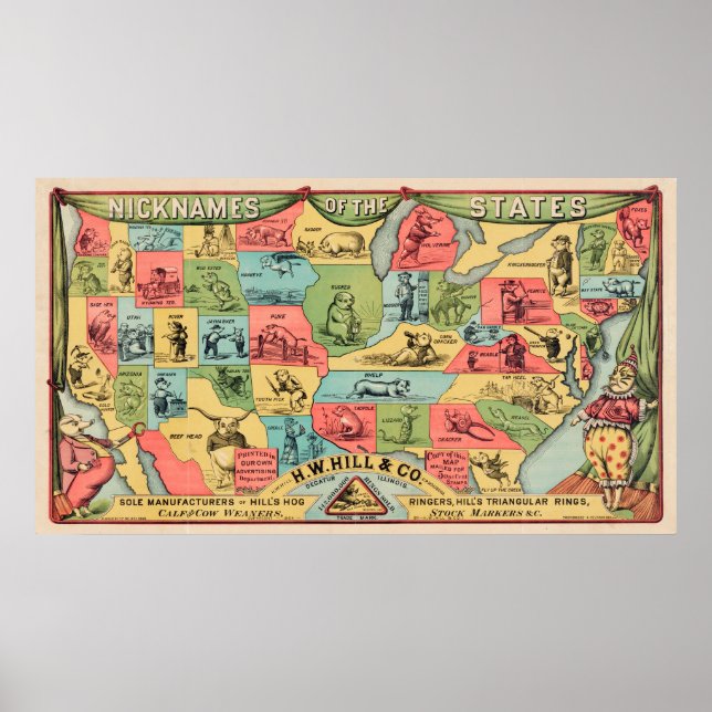 A Stylized Map Of The United States With Nicknames Poster (Front)