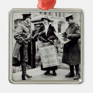A Suffragette selling newspapers to two Metal Ornament