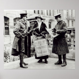 A Suffragette selling newspapers to two Poster
