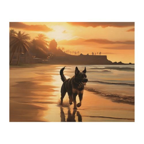 A sunset with a beach and a dog running on the bea wood wall art