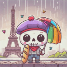 A super cute skeleton in rainy Paris