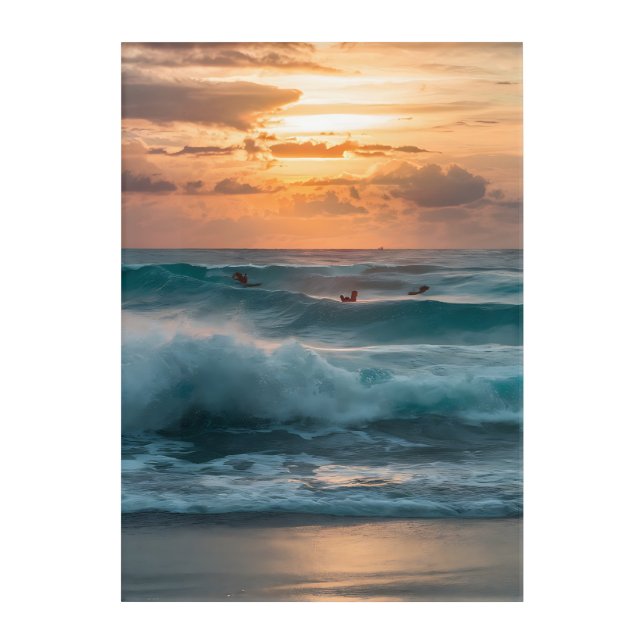 A surfer catching a wave during sunset. acrylic print (Front)