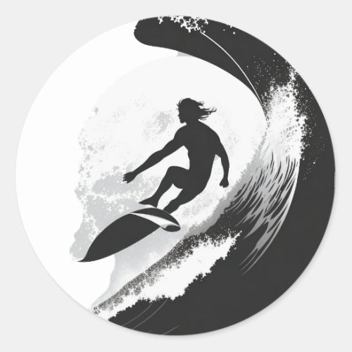 A surfer riding a wave capturing the freedom classic round sticker