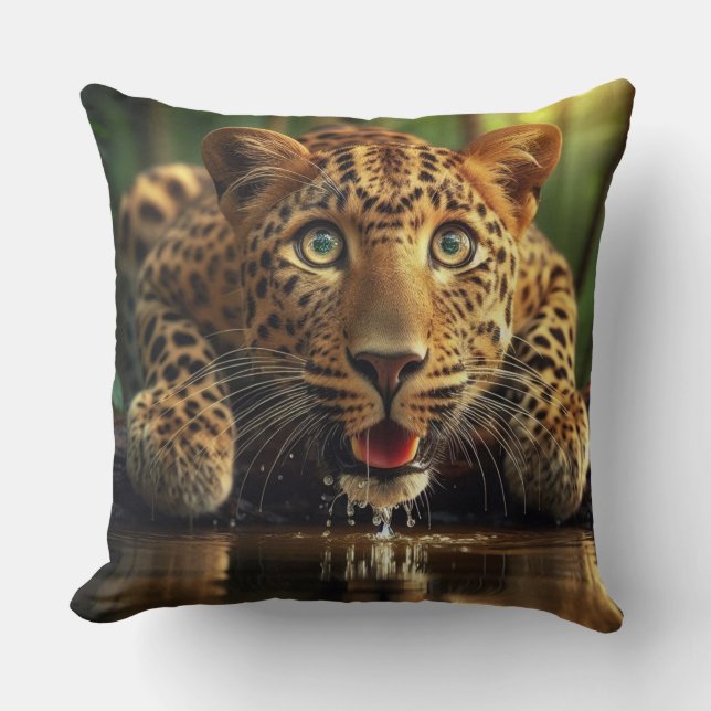A Surprised Look on Leopard Caught Drinking Throw Pillow (Front)