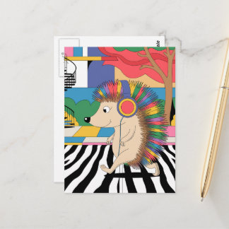 A surreal hedgehog listens to music postcard