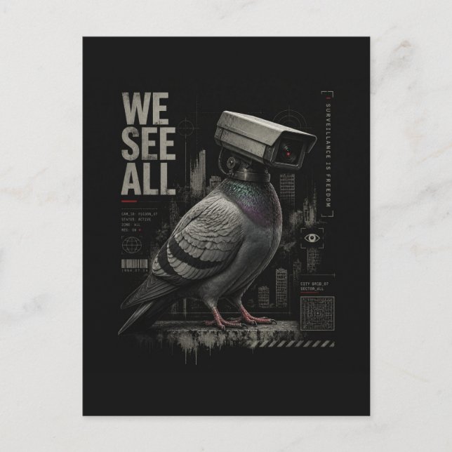 A surreal surveillance camera pigeon We See All Postcard (Front)