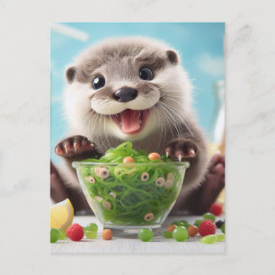 A Sweet Adorable Happy Otter Making a Salad Postcard