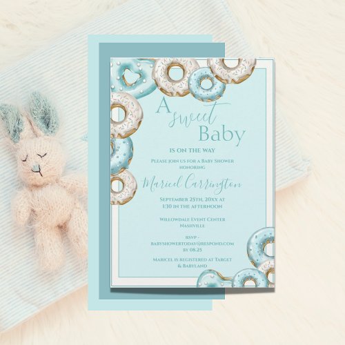 A Sweet Baby Blue Donuts Watercolor Baby Shower Invitation