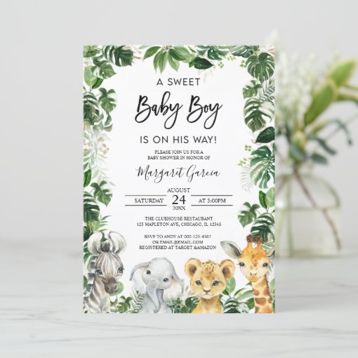 A Sweet Baby Boy Jungle Safari Animals Baby Shower Invitation | Zazzle