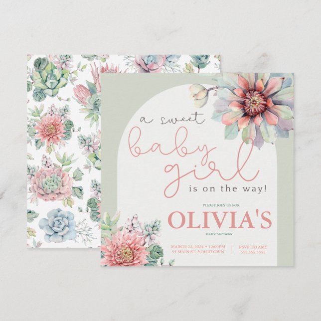 A Sweet Baby Girl Desert Cactus Shower Invitation (Front/Back)