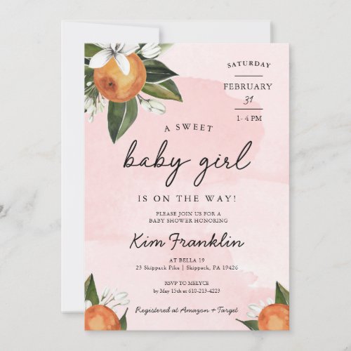 A Sweet Baby Girl is on the Way Clementine Orange  Invitation