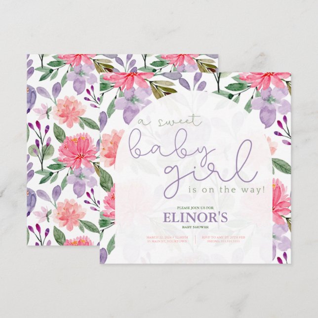 A Sweet Baby Girl Purple & Pink Floral Baby Shower Invitation (Front/Back)