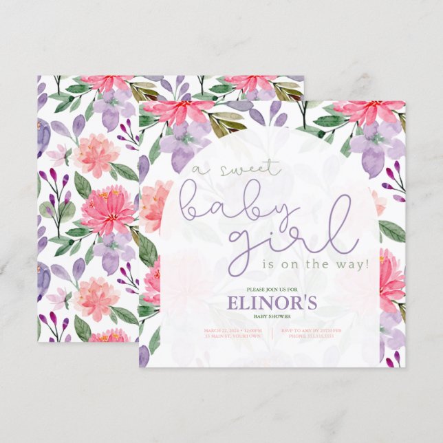 A Sweet Baby Girl Purple & Pink Floral Baby Shower Invitation (Front/Back)