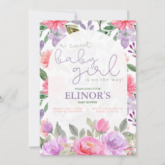 A Sweet Baby Girl Purple & Pink Floral Baby Shower Invitation