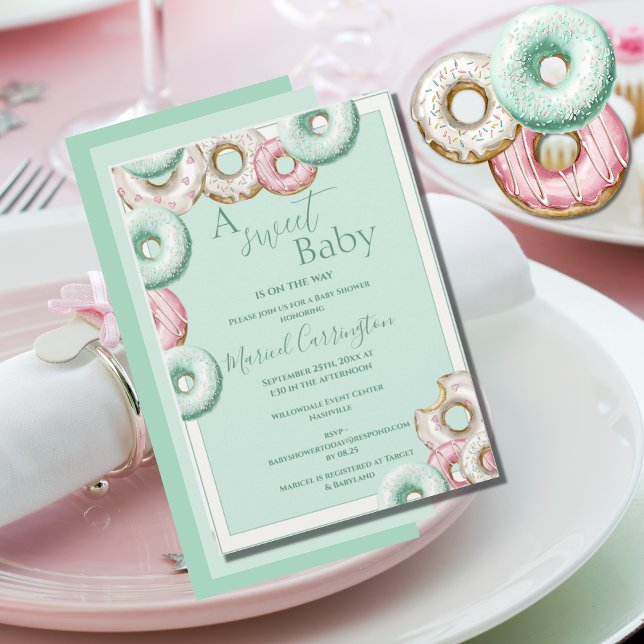 A Sweet Baby Green Donuts Watercolor Baby Shower Invitation (Creator Uploaded)