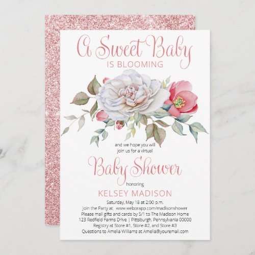 A Sweet Baby Is Blooming Pink Virtual Baby Shower Invitation