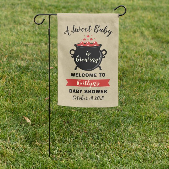 A Sweet Baby Is Brewing Halloween Baby Shower Garden Flag (In SItu)