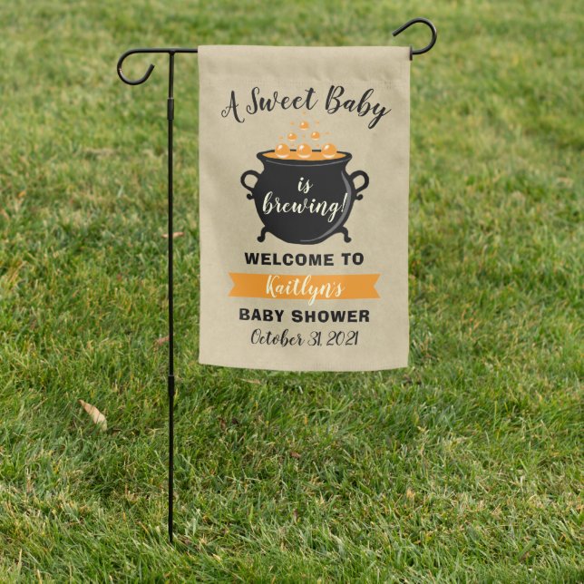 A Sweet Baby Is Brewing Halloween Baby Shower Garden Flag (In SItu)