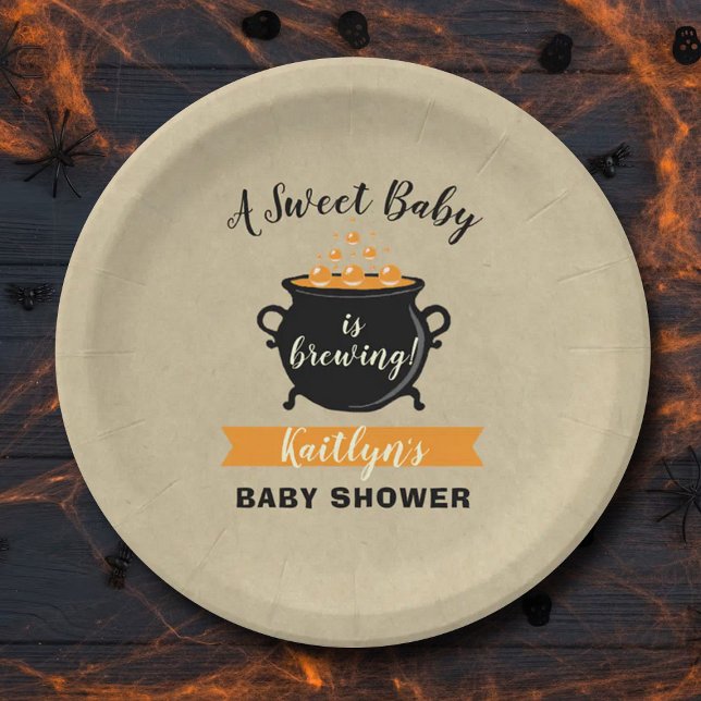 A Sweet Baby Is Brewing Halloween Baby Shower Paper Plates (Creator Uploaded)