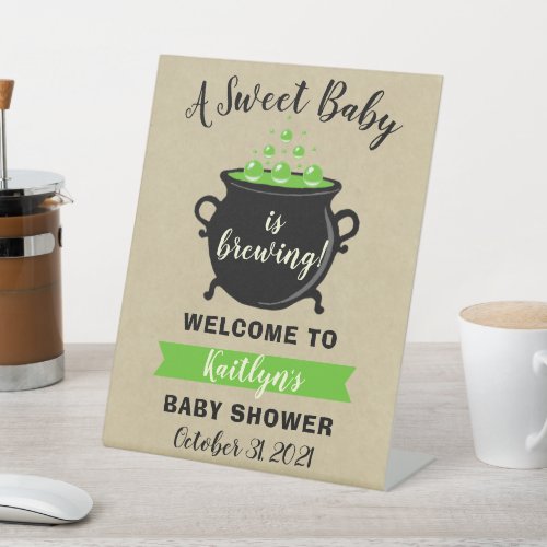 A Sweet Baby Is Brewing Halloween Baby Shower Pedestal Sign