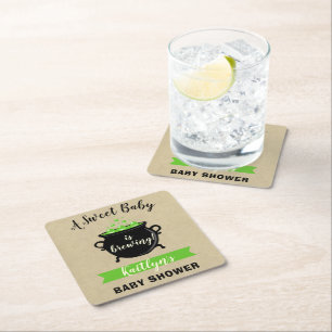 A Sweet Baby Is Brewing Halloween Baby Shower Square Paper Coaster