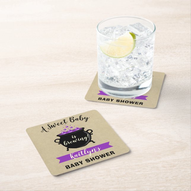 A Sweet Baby Is Brewing Halloween Baby Shower Square Paper Coaster (Insitu)