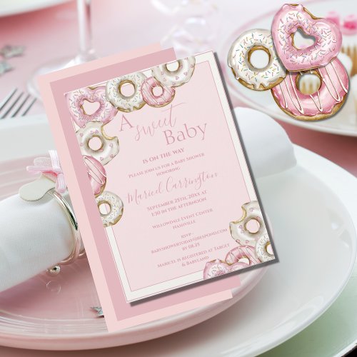 A Sweet Baby Pink Donuts Watercolor Baby Shower Invitation