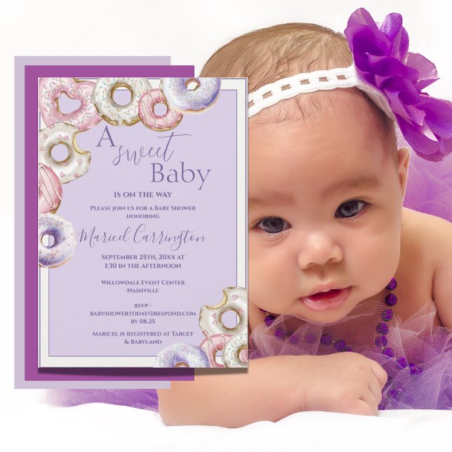 A Sweet Baby Purple Donuts Watercolor Baby Shower Invitation (Creator Uploaded)
