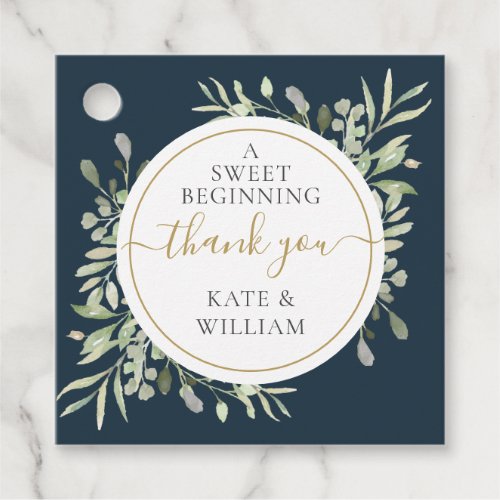 A Sweet Beginning Deep Sea Blue Greenery Wedding Favor Tags