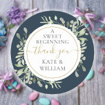 A Sweet Beginning Deep Sea Greenery Wedding Favor Classic Round Sticker<br><div class="desc">Featuring delicate watercolor greenery leaves on a deep sea blue background,  this chic botanical thank you sticker can be personalized with your special wedding day message and names. Designed by Thisisnotme©</div>