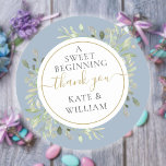 A Sweet Beginning Dusty Blue Greenery Wedding  Classic Round Sticker<br><div class="desc">Featuring delicate watercolor greenery leaves on a dusty blue background,  this chic botanical thank you sticker can be personalized with your special wedding day message and names. Designed by Thisisnotme©</div>