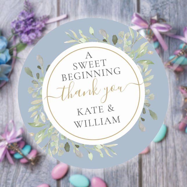 A Sweet Beginning Dusty Blue Greenery Wedding  Classic Round Sticker (A Sweet Beginning Dusty Blue Greenery Wedding Classic Round Sticker)